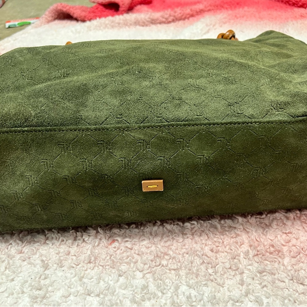 Ralph Lauren Olive Green Suede Tote with Tan Leather Handles - Picture 4 of 7